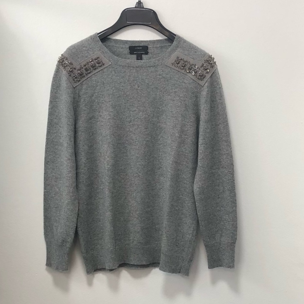 J. Crew crew neck sweater, grey, wool with cashmere, size S, back length 23.5”.